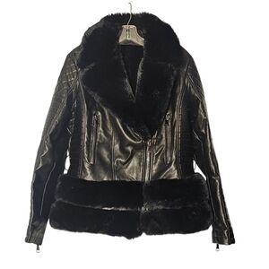 Womens Black Faux Leather Faux Fur Zippered Jacket XL